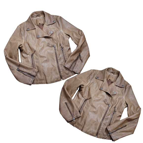 Max Studio Women's caramel tan aged Faux Leather moto biker jacket, L - Picture 9 of 16